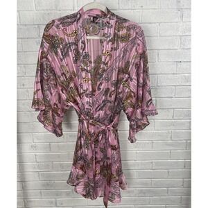 Victorias Secret Sheer Paisley Kimono Robe Pink Womens M Tie Waist Lingerie Glam